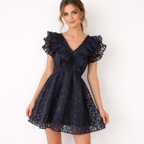 entro Dresses & Skirts - ENTRO Size Large Black Ruffled Flutter Sleeve Sheer Leopard Overlay Mini Dress